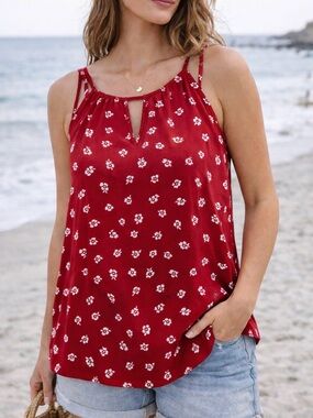NWT 41 Hawthorn Red Floral Tank XXL Sleeveless Keyhole Boho Summer Top